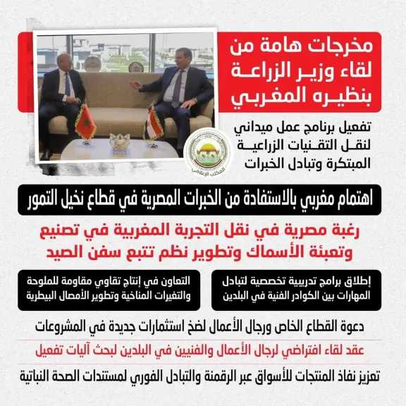 وزير الزراعة المصرى يلتقى نظيره المغربى لتبادل الخبرات بين البلدين