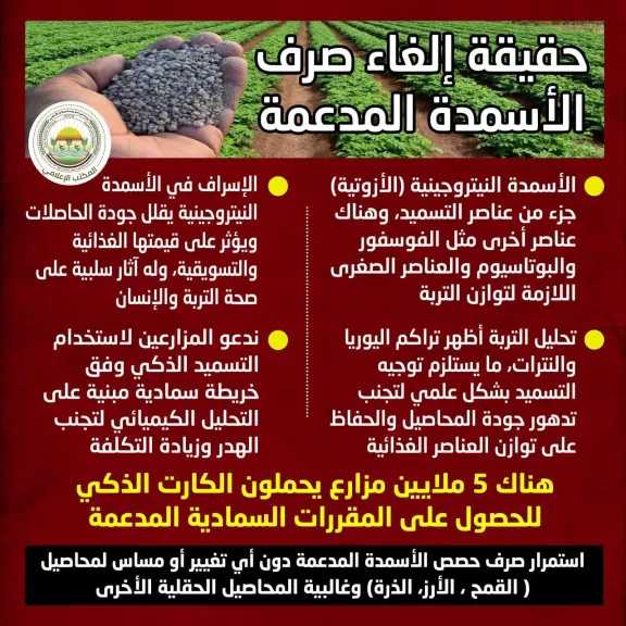 عاجل - بيان صادر عن وزارة الزراعة واستصلاح الأراضي حول ما أثير بشأن إلغاء صرف الأسمدة المدعمة