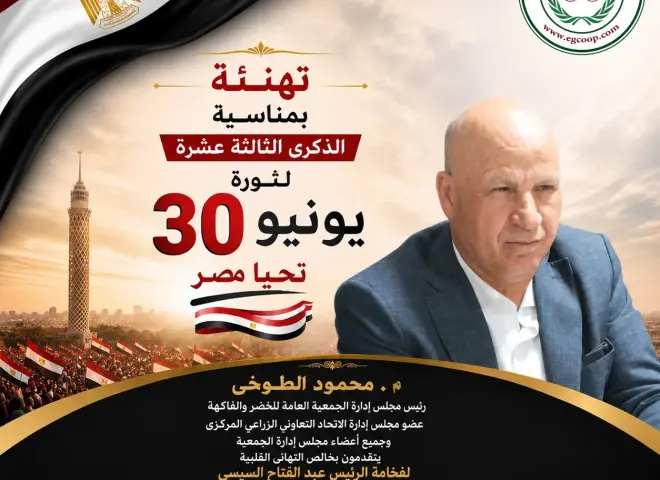 الجمعية العامة للخضر والفاكهة تهنئ الرئيس السيسي بذكرى ثورة 30 يونيو