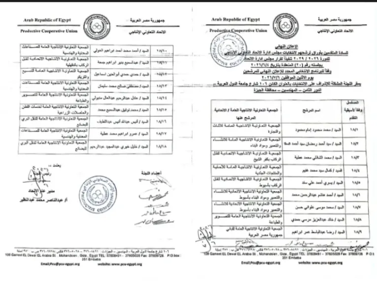 انفراد .. ننفرد بنشر الأسماء النهائية للمرشحين لعضوية مجلس إدارة الاتحاد التعاونى الإنتاجى