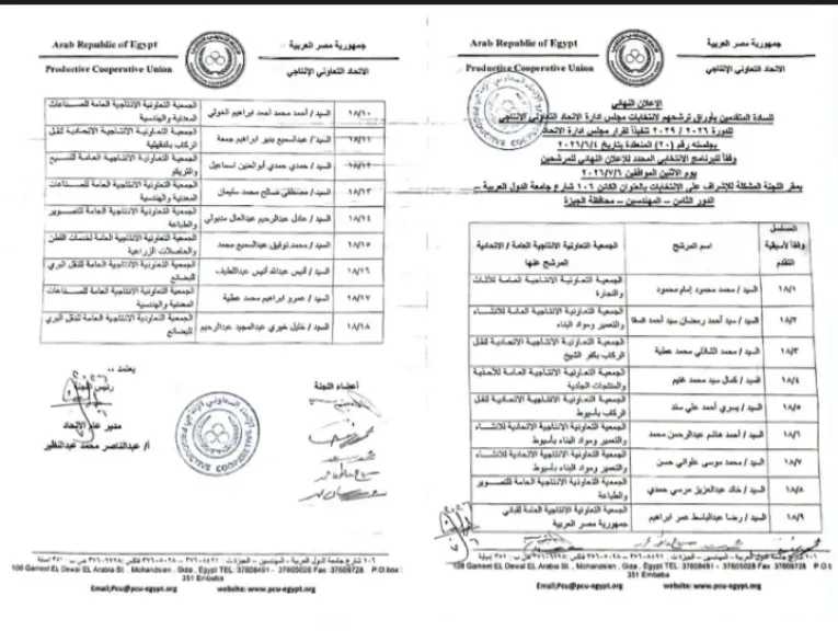 انفراد .. ننفرد بنشر الأسماء النهائية للمرشحين لعضوية مجلس إدارة الاتحاد التعاونى الإنتاجى