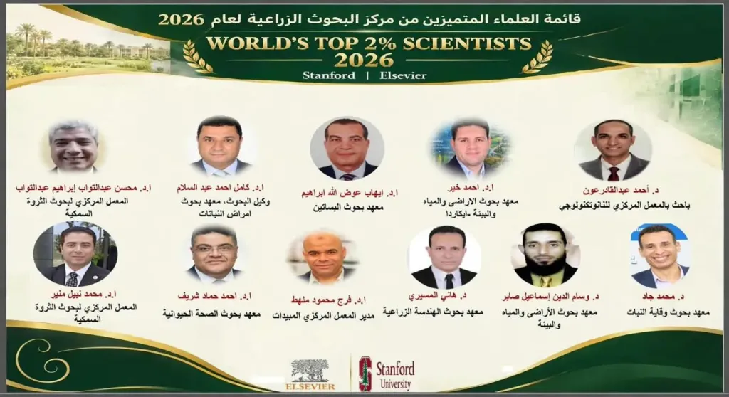 ”الزراعة” تعلن إدراج 11 عالماً من مركز البحوث الزراعية ضمن قائمة «ستانفورد» لأفضل 2% من العلماء الأكثر تأثيراً عالمياً لعام 2026