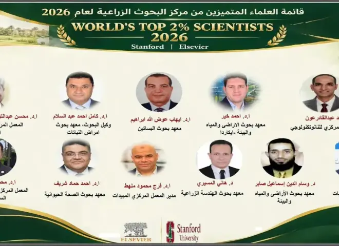 ”الزراعة” تعلن إدراج 11 عالماً من مركز البحوث الزراعية ضمن قائمة «ستانفورد» لأفضل 2% من العلماء الأكثر تأثيراً عالمياً لعام 2026