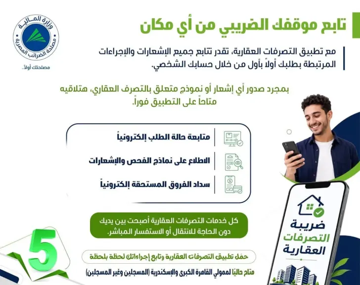 الضرائب تطلق تطبيق «التصرفات العقارية».. متابعة إلكترونية لحظية للطلبات والمدفوعات من أي مكان